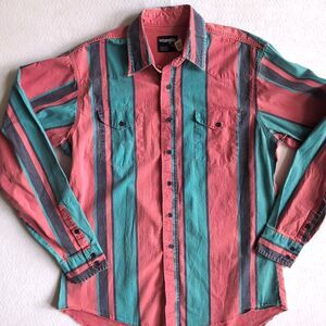VTG 90s Men’s Wrangler Brushpopper Striped Button Up X-long Tail 16.5 x 36 Pink